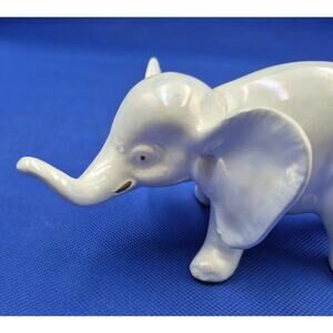 Vintage Artmark Iridescent White Porcelain Elephant Raised Trunk Taiwan 3.5x6.5"